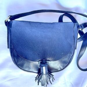 Free People Sundown Wilds Black Leather Crossbody Bag Shoulder Saddlebag Tassel